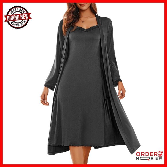 Soft Knit Nightgown & Robe Set V-Neck Lace Trim Adjustable Straps Pockets